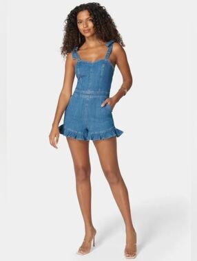 Bebe Denim Ruffle-Hem One-Piece Romper - Blue